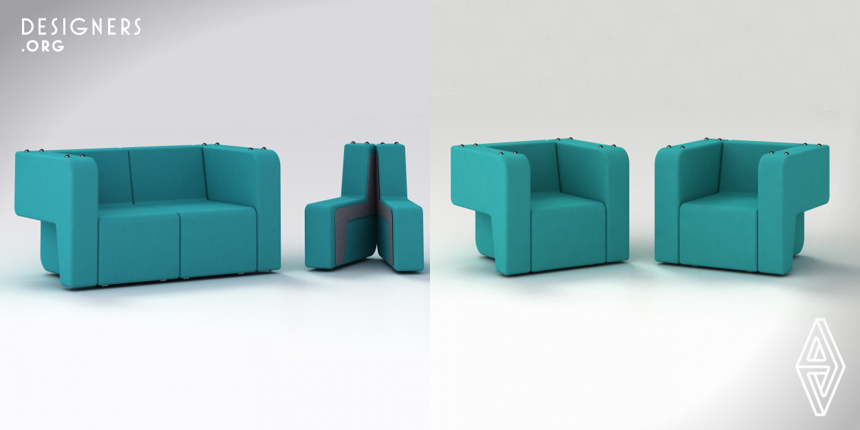 I wanted to create a modular sofa that could be transformed in several separate seating solutions. The whole furniture consists of just two different pieces of the same shape to form a variety of solutions. The main structure is the same lateral shape of the arm rests but only thicker. The arm rests can be turned 180 degrees to change or continue the main piece of the furniture. 