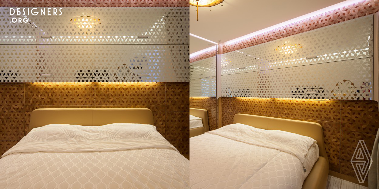 “Shanghai” multifunctional wardrobe. Frontage pattern and laconic form act as a “decorative wall”, and this makes it possible to perceive the wardrobe as a decorative component. “All inclusive” system:includes storage places of different volume; built-in bedside tables being a part of frontage of the wardrobe opened and closed by one frontage push; 2 built-in night lamps hidden under the outstanding volume on the both sides of the bed.The main part of the cupboard is made of tiny wooden shaped piece. It consists of 1500 pieces of kempas and 4500 pieces of bleached oak.