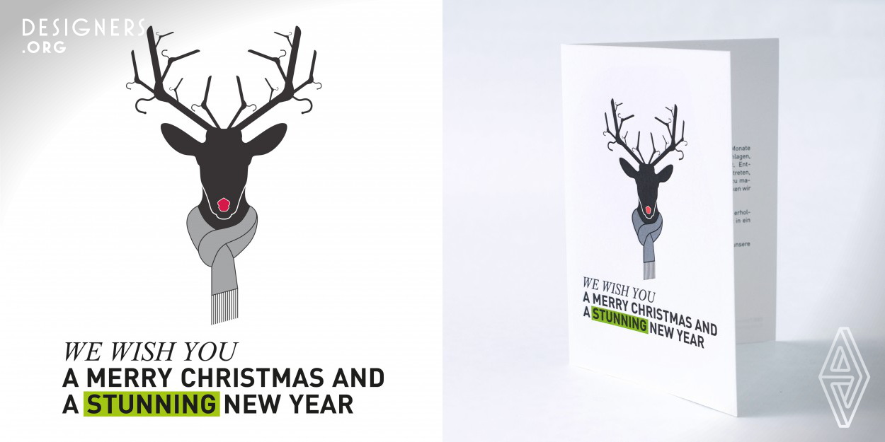 The paper is made of 100% cotton, which by its softness has a pleasant touch emphasising the link with fashion. The clear and stylistic design of the card underlines the identity of CBR as a leading company in modern casual woman clothing. Rudolph the red-nosed-reindeer combines business and Christmas: At first glance, his antlers are unchanged, only the second view shows the small-scale change by the hanger. Beside this detail, it is the scarf which reveals the character of a fashion company. 