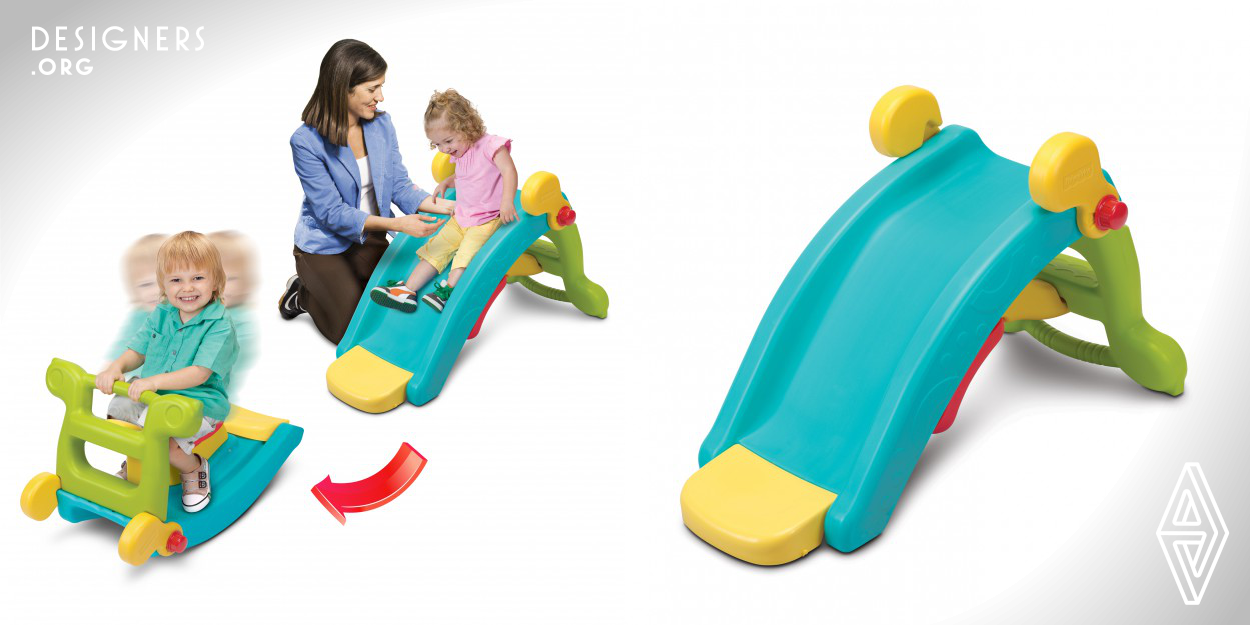 Perfect for toddlers...the 2-in-1 Slide to Rocker easily converts from rocker to slide for two fun ways to play. In slide mode, there are textured steps and sure-grip handles along with a gently sloping 80 cm Long (32” inch) slide for beginners and in rocker mode, there is an extra-wide base and sure-grip handles to provide security while rocking. This product is ideal for both indoor as well as outdoor use.