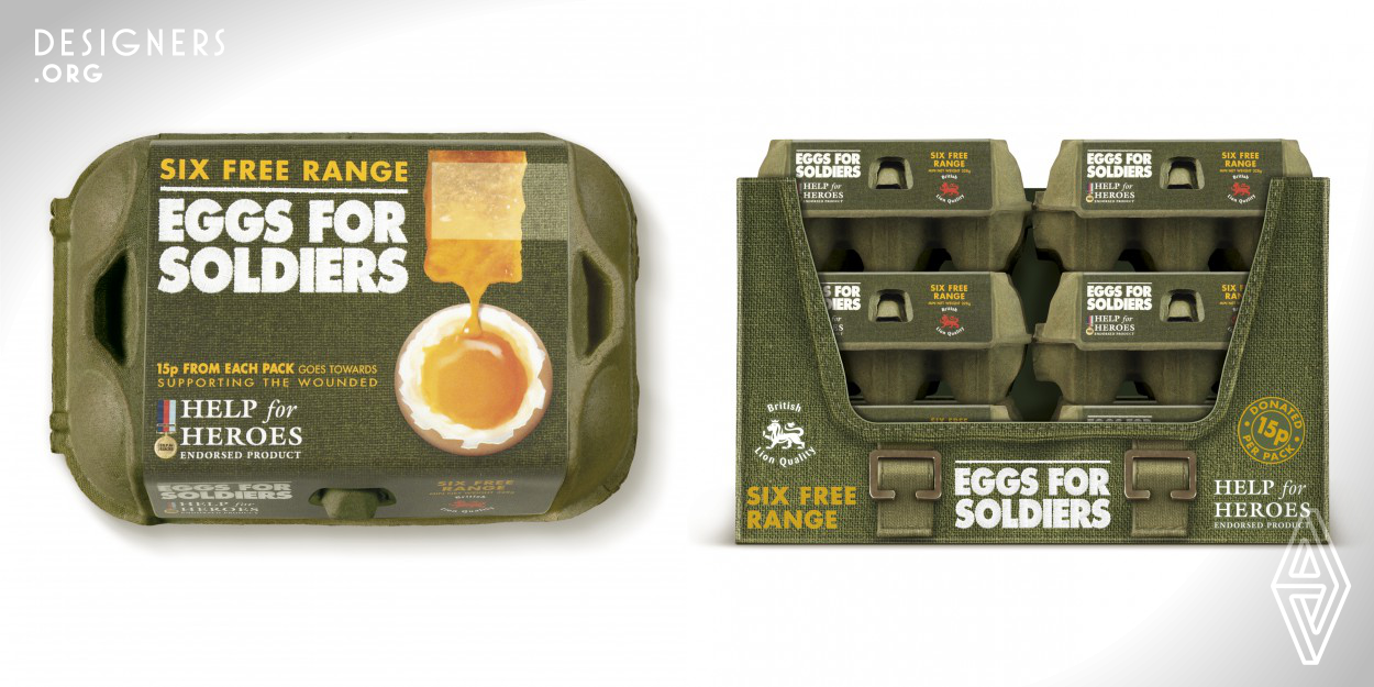 Eggs for Soldiers is a free range egg brand created to raise awareness of the Help for Heroes charity. We wanted to show support for the sacrifice made by our armed services, and being a commodity product, 'eggs for soldiers' makes it effortless for consumers to show their support. The brand's name points to the quintessential British breakfast, boiled eggs and toast 'soldiers', whilst also communicating its charitable intent. Using iconic product photography, we developed a visual and emotional icon for the brand ('the egg medal'), rooted in its partnership with Help for Heroes.
