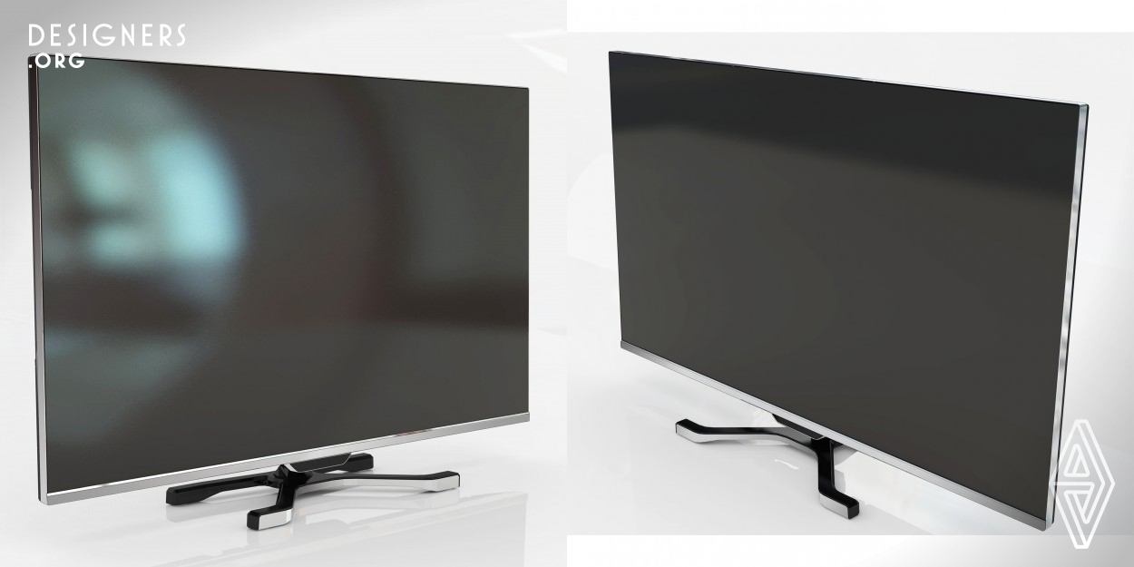 Borderless TV series of Vestel which is positioned at very high-end segment of consumer electronics. Aluminum bezel holds the display as an almost invisible thin frame. Glossy thin frame gives the product its exclusive image in the oversaturated market. The display drastically differentiate from normal LED TVs with its holistic glossy screen surface inlayed in the thin metal frame. The glossy aluminum part below the screen creates a point of attraction while separating the TV from table top stand. 