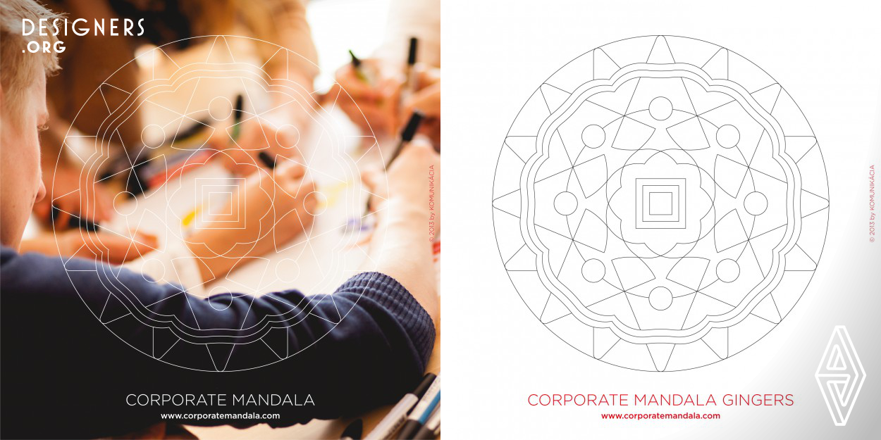 Corporate mandala is a brand new educational and training tool. It is an innovative and unique integration of ancient mandala principle and corporate identity designed to boost teamwork and overall business performance. Furthermore it is a new element of company's corporate identity. Corporate mandala is a group activity for team or individual activity for manager. It is designed specifically for particular company and it is colored by team or by individual in free and intuitive manner where everyone can chose any color or field.