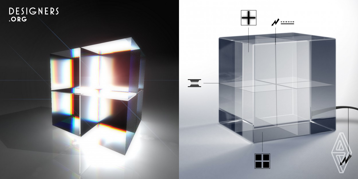 Depth, Transparency and Contrast - Cubeoled interprets these fundamentals of visible light in a pure, monolithic design. 12 transparent organic light emitting diode (OLED) panels are arranged in an orthogonal coordinate system and laminated in between 8 optical/clear crystal glass cubes. Via transparent circuit paths applied on the inner glass surfaces, the assembled OLED panels inside the monolith are supplied with electricity. When activated, the integral array transforms this transparent cube into an omni-directional light source.
