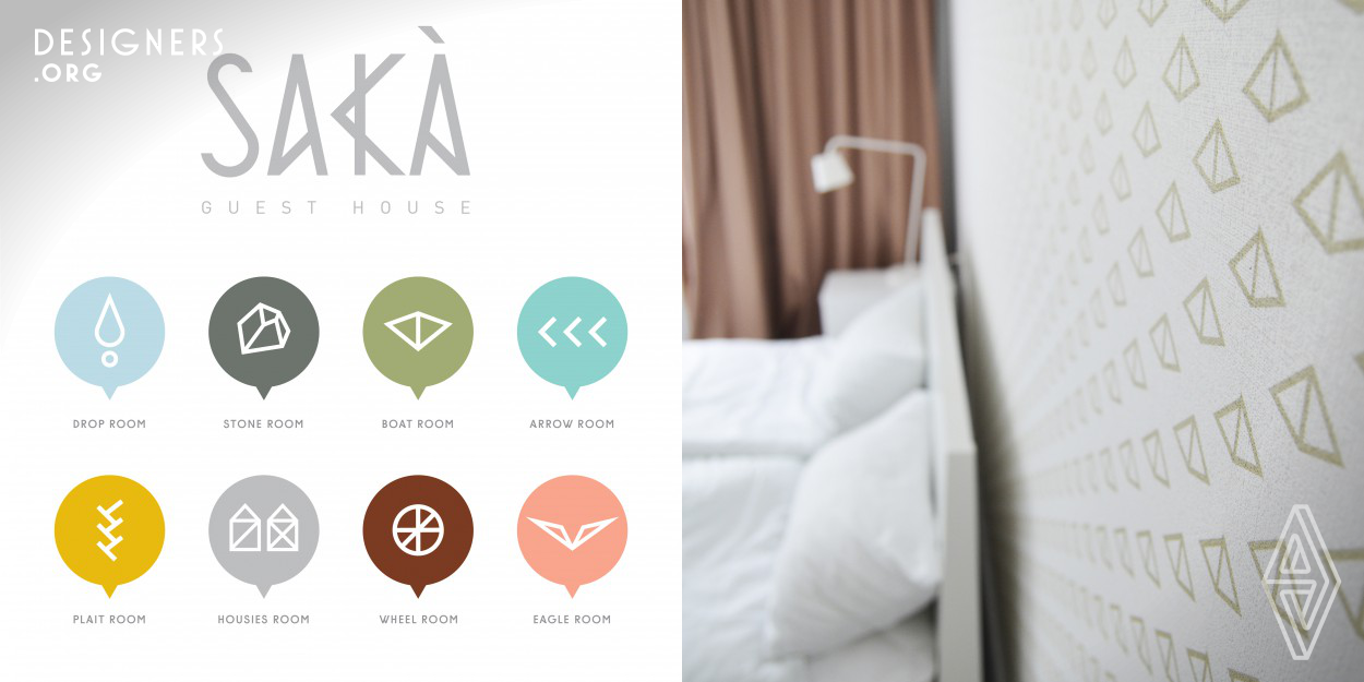 PRIM PRIM studio created visual identity for the guest house SAKÀ including: name and logo design, graphics for every room (symbol design, wallpaper patterns, designs for wall pictures, pillow appliques etc.), website design, postcards, badges, name cards and invitations. Each room in guest house SAKÀ presents a different legend associated with Druskininkai (a resort town in Lithuania the house is located in) and its surroundings. Every room has its own symbol as a keyword from the legend. These icons appear in interior graphics and other objects forming whole visual identity.