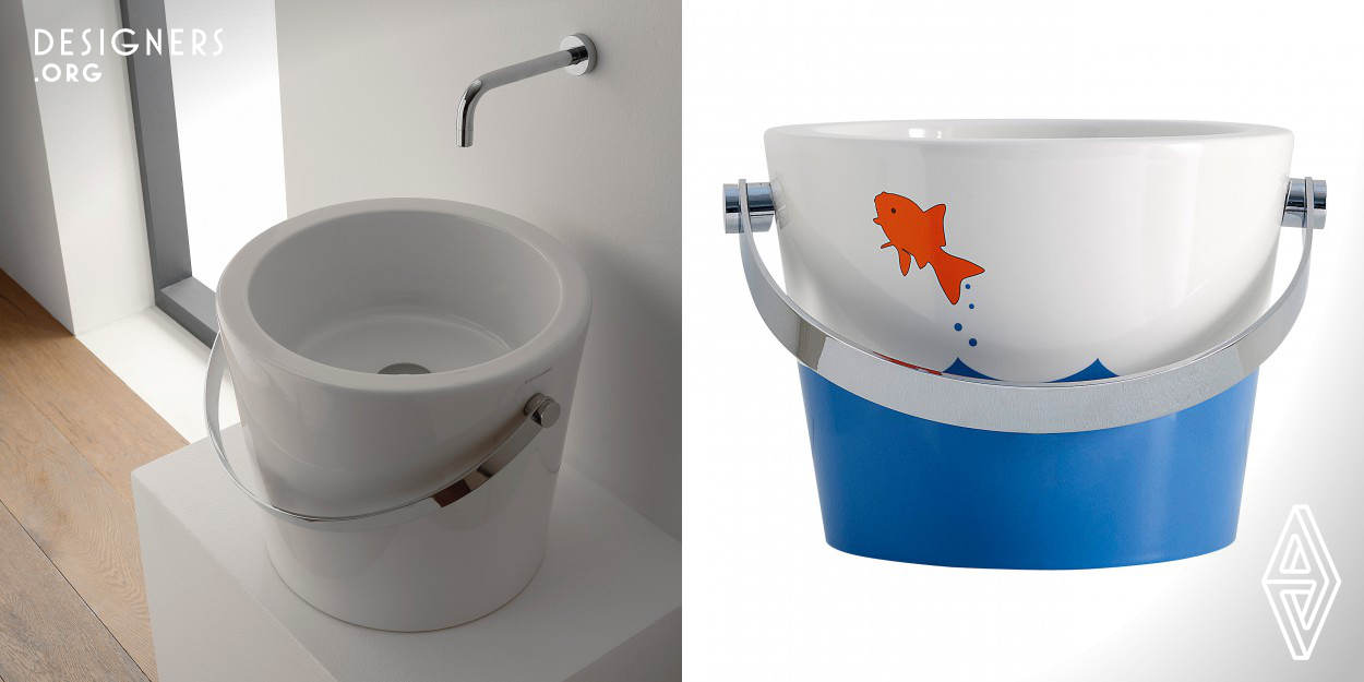 BUCKET line distinguishes itself by its shape bringing to mind just the bucket, in different sizes and decorations. This object symbolizing the game and the simplicity turns into an essential part of the bathroom becoming a wash basin where the handle is a towel rail. Thanks to the wide offer of decorations, beginning from total white to geometric, evocatice or ironic decorations, it is fit for public places like gyms, restaurants, pubs and schools, but even for children bathrooms or for those who love daring with an informal style in their own bathroom.