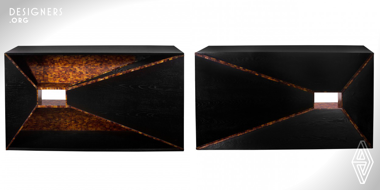 Dark, beautiful, and tormented. On the surface, they are powerful masculine pieces, rectangular in shape, with a dark finish and penshell detail. Turn them around and witness the deconstruction of panels turned inwards, as if about to fall into a void. 