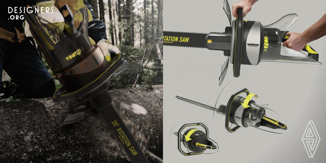A Power Chain Saw with a Revolving Handle. This chain has a handle that revolves 360° and stops at predefined angles.  In general, people cut trees horizontally or vertically by turning their saws at certain angles or leaning or tilting their body parts. Unfortunately, the saw often slips from the user’s grasp or the user has to work in an awkward position, which may cause injuries. To make up for such drawbacks, the proposed saw is fitted with a revolving handle so that the user can adjust the cutting angles. 