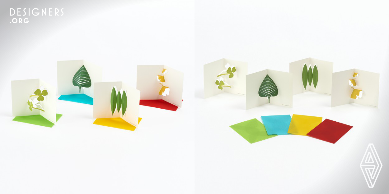 Leaves are message cards featuring pop-up leaf motifs. Brighten your messages with an expressive touch of seasonal green. Comes in a set of four different cards with four envelopes. Quality designs have the power to modify space and transform the minds of its users. They offer comfort of seeing, holding and using. They are imbued with lightness and an element of surprise, enriching space. Our original products are designed using the concept of Life with Design.