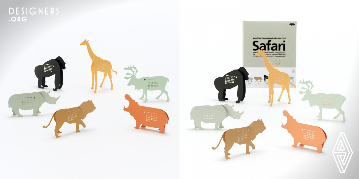 Safari is a paper-craft animal calendar. Remove and assemble the 6 sheets with 2 monthly calendars on the sides. Fold the body and the joint sections along the creases, look at the marks on the joints, and fit together as shown. Quality designs have the power to modify space and transform the minds of its users. They offer comfort of seeing, holding and using. They are imbued with lightness and an element of surprise, enriching space. Our original products are designed using the concept of Life with Design.