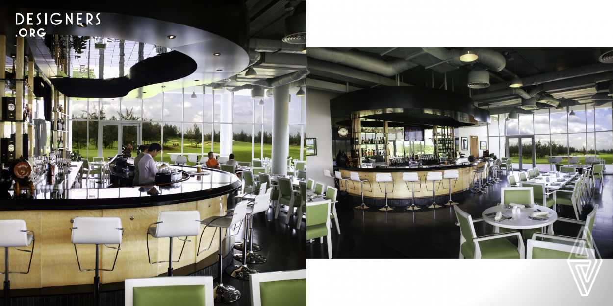 The lounge for a golf club had be designed and constructed in 6 weeks, in time for opening day. It also had to be beautiful, functional as a lounge and appropriate for occasional golf competition awards ceremonies and other smaller events. For a 3 sided glass box in the middle of a golf course, this approach brings the greens, the sky and some notion of golf into the bar, in the colors of the furnishings and the reflections of the course in the mosaic mirror back bar. The outside views are very much a part of the interior design and experience.