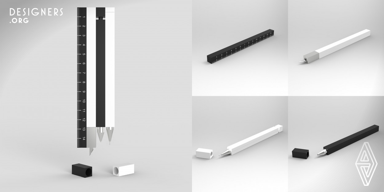 ‘Coss’ will decrease worry of users regarding tools even when it comes to an unexpected works. ‘Coss’ will provide four stationary functions such as a pen, a sharp pencil, a knife and a ruler, at the same time with convenience of carrying various tools in one product. It means that you can write and draw lines with a ruler and cut with one ‘Coos’. Carrying many stationary supplies is inconvenient and there is a chance to lose one of them. But ‘Coss’ can gather all of supplies automatically, so it cannot be easy to lose. Also, with squared shped tool, it's easy to grip.