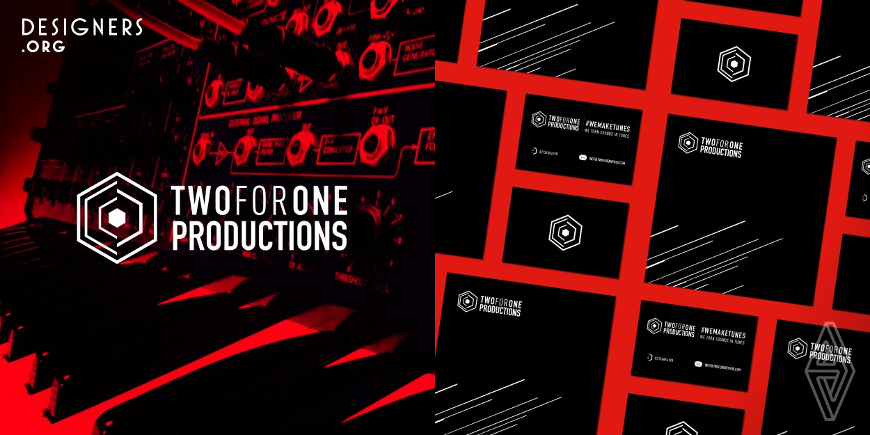 The brand twoforone productions is designed with specular elements, with a central hexagon that symbolizes the concept/primary product. The information shares from the owner to the client represented by the elements, allows the one to reach an higher goal as being a finished product, optimised audio tracks. The focus is on audio post-production, mixing and mastering with the purpose of creating a collaborative approach with the clients/artists and to promote their personal sounds as digital & physical cd's.