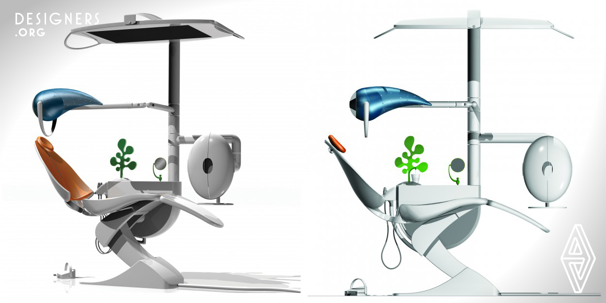 The design of ROI was created with the intent of capturing the attention of the end user in order to make him forget, if possible, the fear and anxiety caused by medical examination.
This dental unit does not have a technological function differently than those on the market but the elements that compose it have a new look so as to engage in a positive way the child to begin to establish a relationship with the dentist.