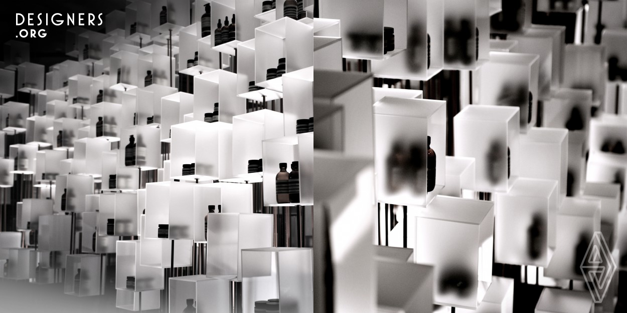 Cheungvogl created an installation for Aesop at I.T Hysan One in Causeway Bay, Hong Kong that builds on the reputation for architecturally remarkable spaces. Cheungvogl have imbued the exhibition space with a delicate luminosity. Eight hundred resin boxes are arranged atop steel rods of varying lengths, creating the sense that each box is ascending at its own pace, as if being drawn upward by an invisible thread. 
The installation explicitly focuses on the integration, interaction and communication.