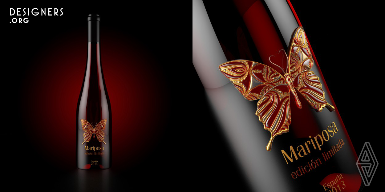 Wine design is based on a butterfly pattern of which is made using gold and ruby enamel, and completed with a graceful shape of the bottle.
The shape of a Jewelry is based on the Art work by B. Indrikov.
