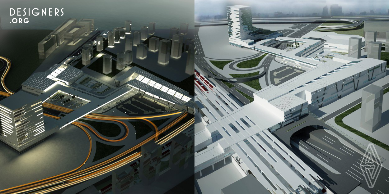 The project is a Transportation HUB that links the surrounding urban settlements to the heart of the dynamic life in easy and efficient way generated by merging different transportation systems like railway station, metro station, nile deck and bus station in addition to other services to convert the place to be the catalyst for the future development . 
