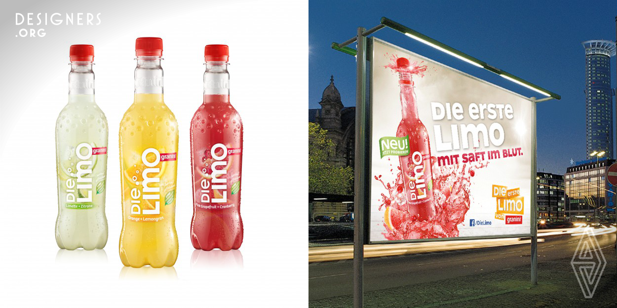 The key difference is the simplicity and transparency cause of the adult target group. we decided to show the basics of a fruity lemonade in a modern/adult way: fruits and ice printed on a special transparency-label - unique in the lemonade-market. “Die Limo“ (i.e. the lemonade) is the first lemonade by Granini. And as we have named it „Die Limo“, it obviously could not look like an ordinary lemonade. 