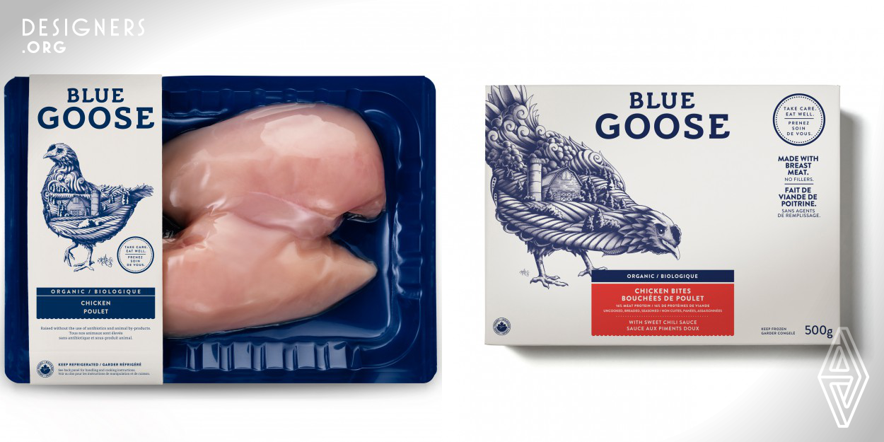 SID LEE Toronto developed the brand identity and packaging design for Blue Goose, a Canadian-based organic and natural food company that specializes in high quality beef, chicken and fish. Design inspiration came from visiting a Blue Goose farm in British Columbia; seeing the land, the environment, and how well the animals were being treated. The brand’s story is embedded in all aspects of its identity and packaging, with the use of hand-drawn illustrations to provide a rich and detailed representation of the natural environment and excellent conditions in which the animals were raised.