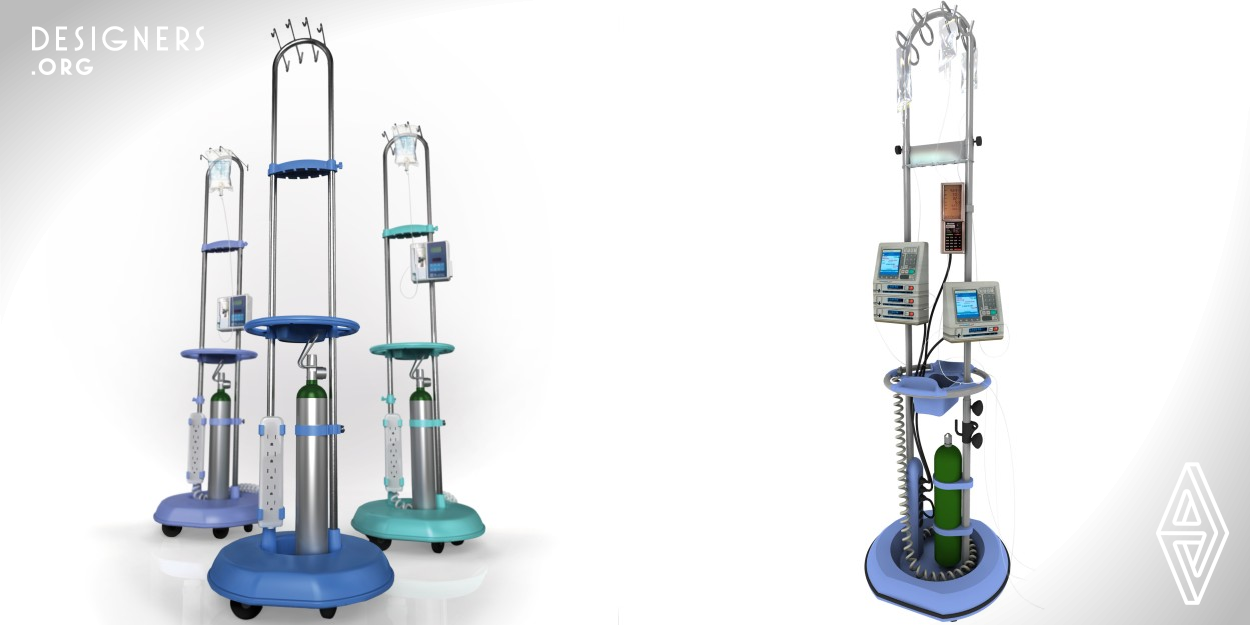 When Safepole's founder was hospitalized for intensive cancer treatment, she was frustrated by an IV pole that hindered her from performing basic tasks. By creating a design that empowers patients to perform tasks that normally require assistance, Safepole offers significant improvements for patients and hospitals. The increased base stability encourages ambulation, speeding recovery and reducing bed sores. Dual poles hold double the infusion pumps, a domed base prevents cord tangling, and the tube routers, on-board power strip, and oxygen tank holder help nurses efficiently do their job.