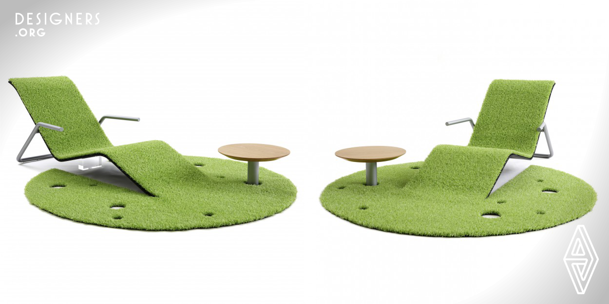 The Rug Lounger is a new concept in furniture consisting of a Rug and a Lounger which works in harmony with one another.
The round shaped Rug creates the smallest possible private space and gives you comfort and a relaxing time.
A small table can be set on the big dots on the dotted Rug which creates a private space.
Using an artificial grass rug achieves a low cost design which is available for various scenes from indoor to outdoor. 