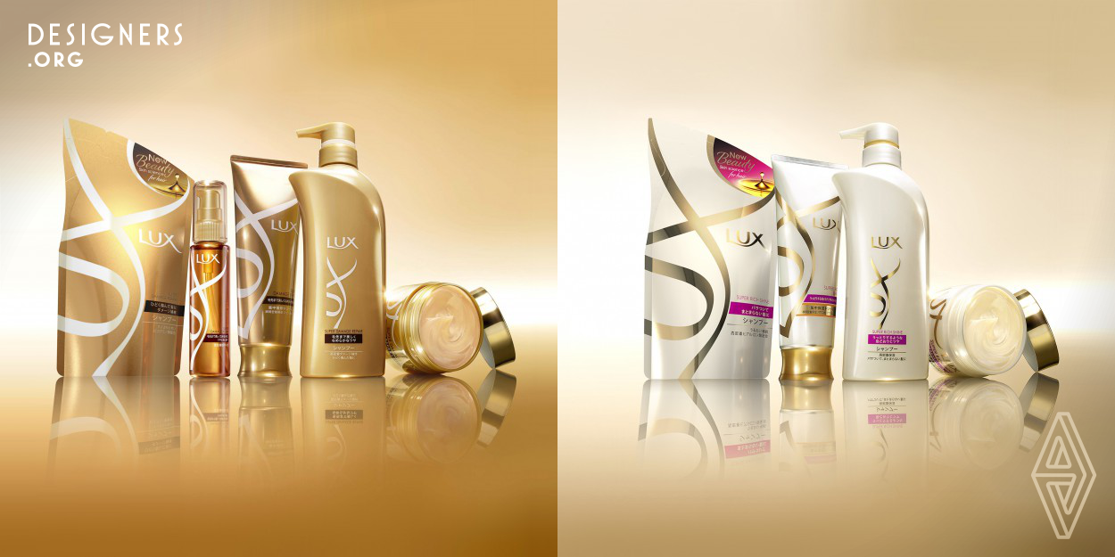 Taking the strong equity of the LUX brand identity, JDO created a new and highly animated device by way of the ribbons marque. The gold ribbons reflect pure glamour, ooze confidence and luxury and are both bold and impactful. The two sub ranges of Shine and Damage Repair are easily differentiated through the base pack colour with pink and bronze highlights. On shelf the LUX range combats the clutter with an elegant and refined presence.  JDO team: Ben Oates, Sara Faulkner, Robyn Stevenson, Melanie Wilson, James Davies
