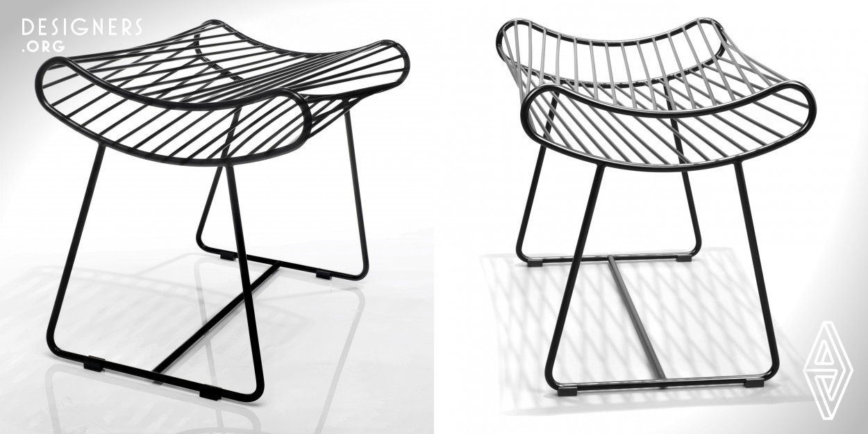It is simple but embraces many characteristics. The steel rods on the first layer and the second layer of the sitting part go to different directions, so they cross each other to create a magic visualization. The curve counter of the side structure provides round edges and surfaces for users to comfortably sit on it. Between the first layer and the second layer of the sitting part, the rods constitute an empty space to store magazines or newspapers. The stool not only gives users an inviting gesture but also offers useful functions to them.