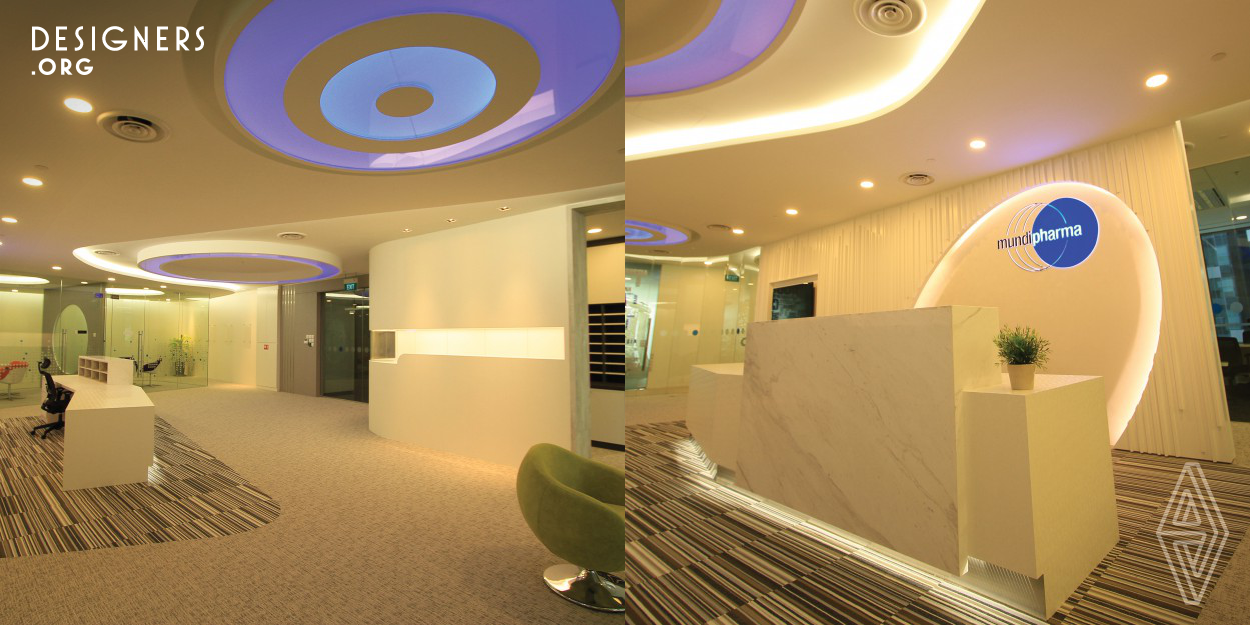 The décor of the reception area creates a very modern feel to the office, like a new face-lift, complete with circular lights, full glass panels, frosted stickers, white marble counter, coloured chairs and various geometrical shapes to top it off. The bright and bold design is an indication of the designer’s intention to bring out the corporate image, especially with the blending of the company logo in the feature wall. Together with meticulous layout of lighting in strategic areas, the reception area is loud in terms of design and yet silently presents its aesthetic appeal.