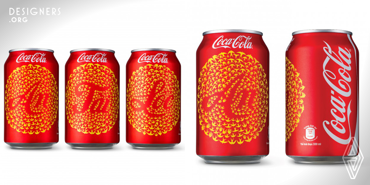 To create a series of Coca-Cola cans which spread millions of Tet wishes nation wide. We utilized Coca-cola's Tet symbol (the Swallow Bird) as the device to form these wishes. For each can, hundreds of hand-drawn swallows were crafted and carefully arranged around a custom script, which together form a series of meaningful Vietnamese wishes. "An", means Peace. "Tai" means Success, "Loc" means Prosperity. These words are widely exchanged throughout the holiday, and traditionally adorn Tet decorations. 