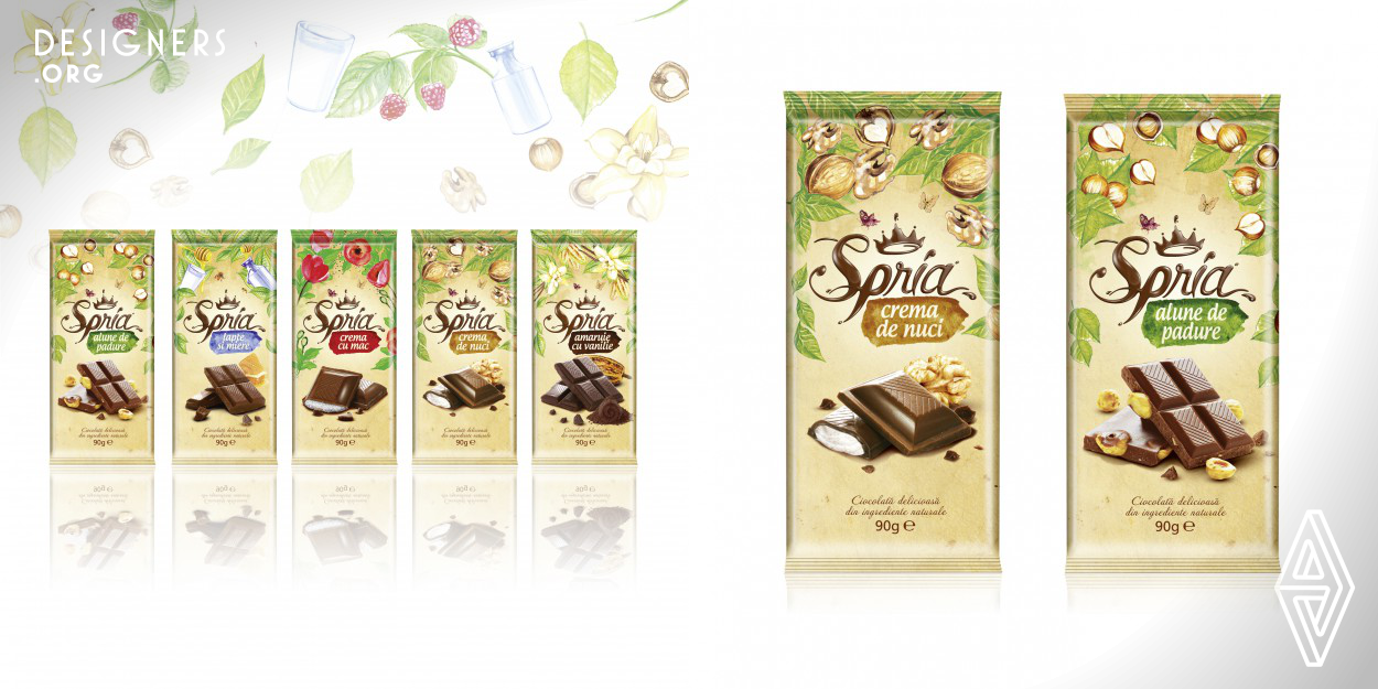 The SPRIA logo is written in delicious chocolate and leave uncovered in a mythical forest full of goodies.
The design translates the consumer into an area of magical world, ultra-feminine, obtained with watercolor.


Our mission was to create the image for a quality brand of chocolate that promotes local archaic flavor taste of homemade preserves. The Brand image must convey old traditions and make you think of homemade products