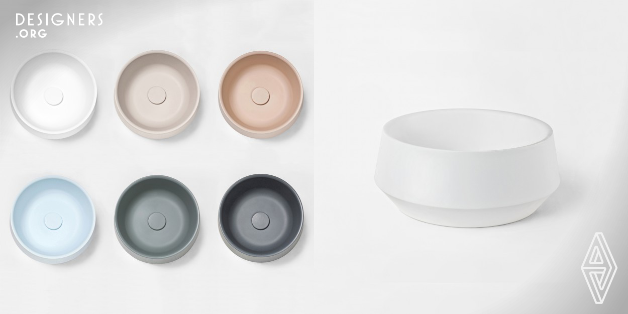 The Mia washbasin guarantees comfort of use. The designer, inspired by handicrafts and primitive pottery, has focused on detail and relation between surface and touch. The form gives the impression of being manually shaped on a pottery wheel. The characteristic line of the product emphasizes precision in manufacturing. The matt finishing gives a warm sensation while touching the surface. The material accumulates the heat and as a result water keeps its temperature. It is available in four shapes and different colours.
