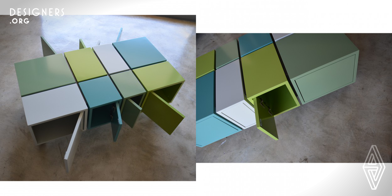 With this piece of furniture we aim to upgrade the quality and the aesthetics of interior space and to raise issues about consumption and mass production. This project consists of cells. Each cell corresponds to a different need, a different storage area, of different size and color. Colors interact with each other and with the space they are placed in. The coffee table could be on wheels to achieve convenience in mobility. If not on wheels, each cell can be separated from the rest and be placed as a side table. Additionally, cells of the same color and size can be repeated and placed on wall.