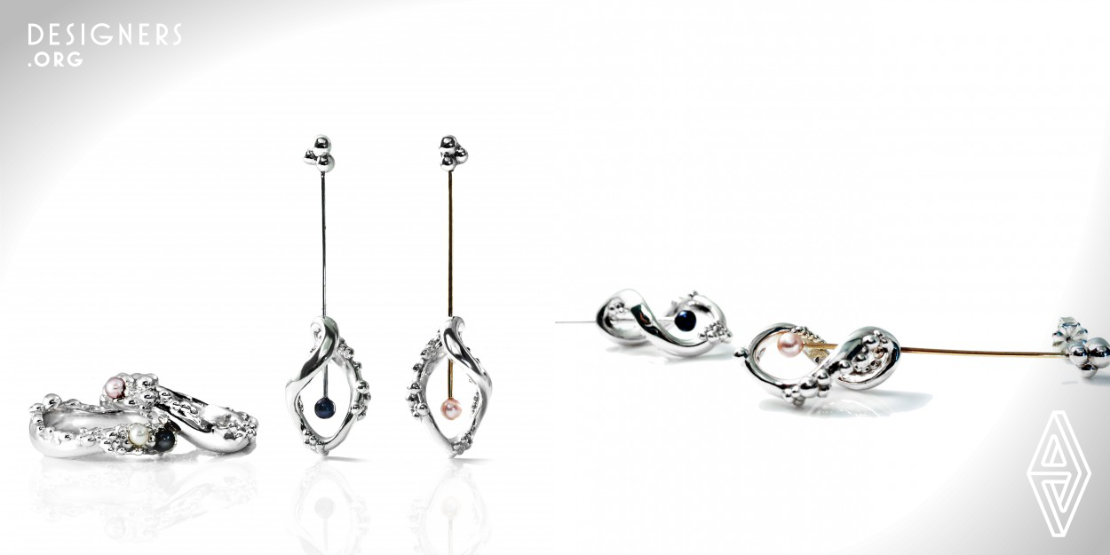 The Droplet jewellery collection draws its inspiration from the serenity and beauty of water droplet.

Combining 3D design and traditional workbench technique, it explores the formation of droplets on a leaf.

The polished 925 silver finish mimics the reflective surface of water droplet while fresh water pearls are also playfully integrated in the design. 

Each angle of the ring and earrings shows a different formation, keeping the design versatile.