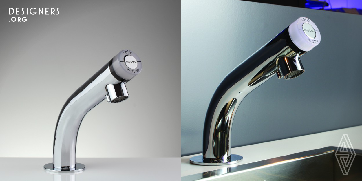 The miscea LIGHT range of sensor activated faucets have an integrated soap dispenser engineered directly into the faucet for convenience and maximum hand hygiene benefits. Using fast and reliable sensor technology, it dispenses soap and water for a über hygienic and ergonomic hand washing experience. The built in soap dispenser is activated when a user’s hand passes over the soap sector. Soap is then only dispensed when a user’s hand is placed under the soap outlet of the faucet. Water can be received intuitively by holding your hands under the water outlet. 