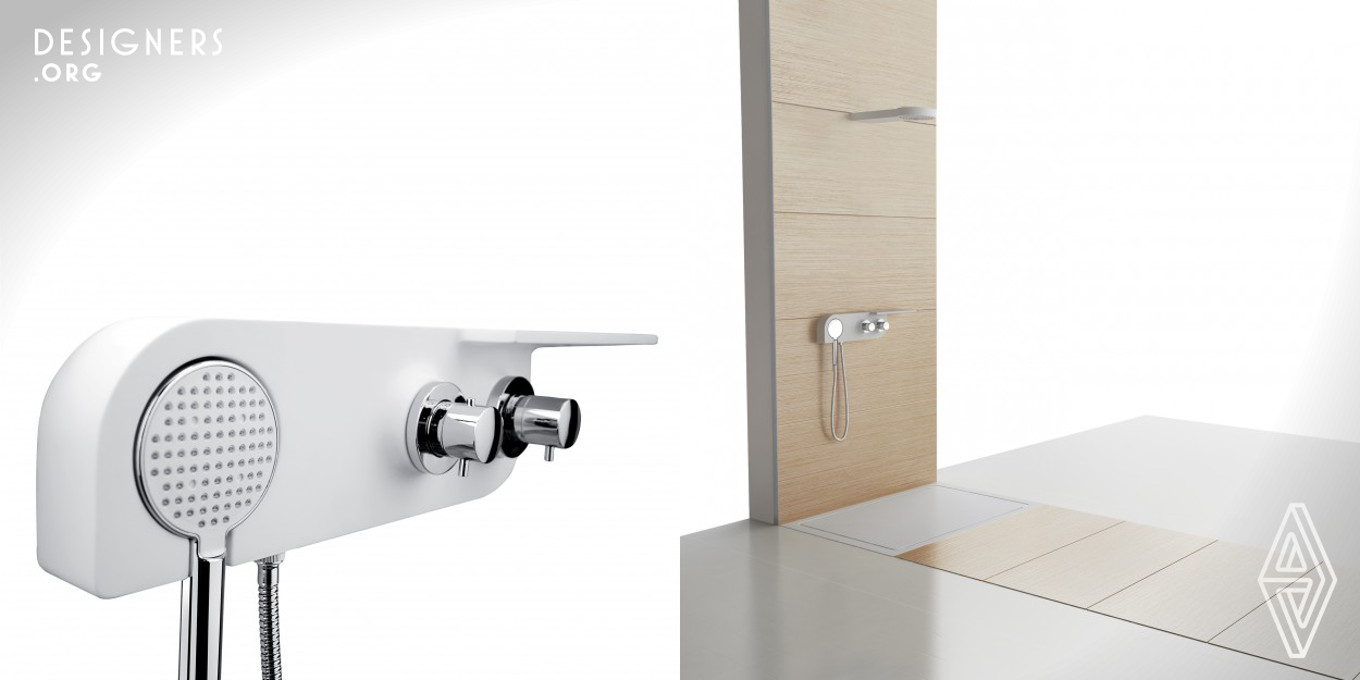 KALLISTO consists of two elements: the group taps and the shower head on the wall. The faucet unit that, in a single formal element, encloses three different functions, has been designed to be able to adapt to any pre-existing flat surface. Inside, there is a mixer taps and a switch, plus of course the attack for the hand shower and the soap holder outside. The undeniable advantage is the possibility to replace the existing group without having to break the walls and tiles. The shower head on the wall was also made to adapt to the most common pre-existing installations.