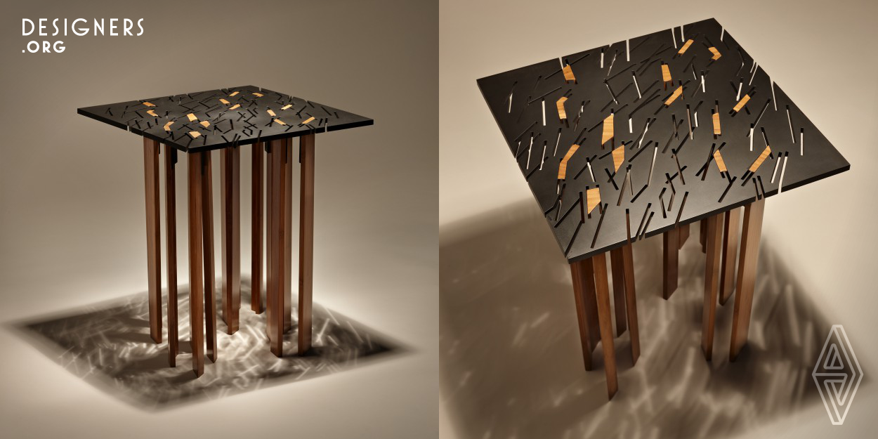 The TIND End Table is a small, eco-friendly table with a strong visual presence. The recycled steel top has been waterjet-cut with an intricate pattern that creates vivid light and shadow patterns. The shapes of the bamboo legs are determined by the patterning in the steel top, and each of the fourteen legs passes through the steel top and then is cut flush. Seen from above, the carbonized bamboo creates an arresting pattern, juxtaposed against the perforated steel. Bamboo is a rapidly renewable raw material, since bamboo is a rapidly-growing grass, not a wood product. 