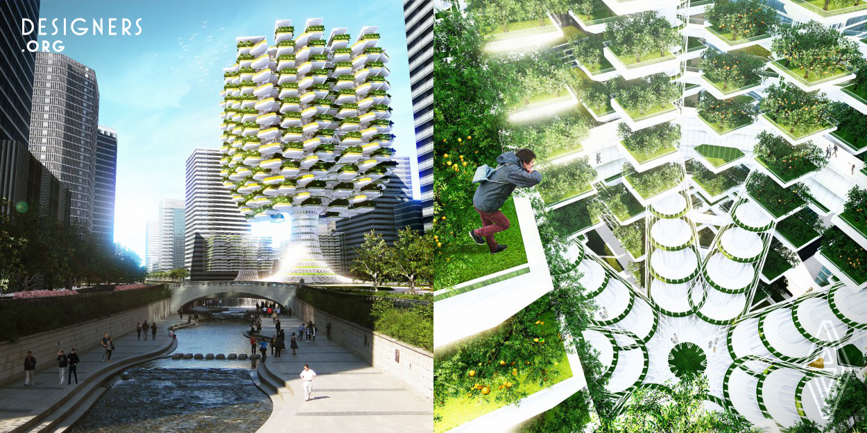 The Urban Skyfarm is a vertical farm design proposal for a site located in downtown Seoul, which mainly hosts local food production and distribution while at the same time improves the environmental quality through water, air filtration and renewable energy production. By lifting the food production field higher up in the air, the vegetation gain more exposure toward natural sunlight and fresh air while the bottom portion becomes more freed up providing nicely shaded open spaces for public activities. The Urban Skyfarm performs as a living machine bringing balance back to the local eco system.