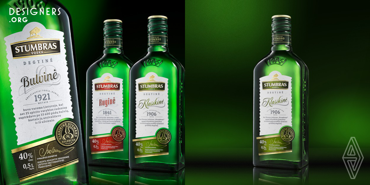 This Stumbras‘ Classic vodka collection revives the old Lithuanian vodka making traditions. Design makes an old traditional product close and relevant to nowadays consumer. The green glass bottle, dates important to Lithuanian vodka making, legends based on true facts, and pleasant, eye-catching details – the curled cut-out form reminiscent of old photographs, the slanted bar on the bottom which complements the classic symmetrical composition, and the fonts and colours which convey the identity of each sub-brand – all make the traditional vodka collection untraditional and interesting.