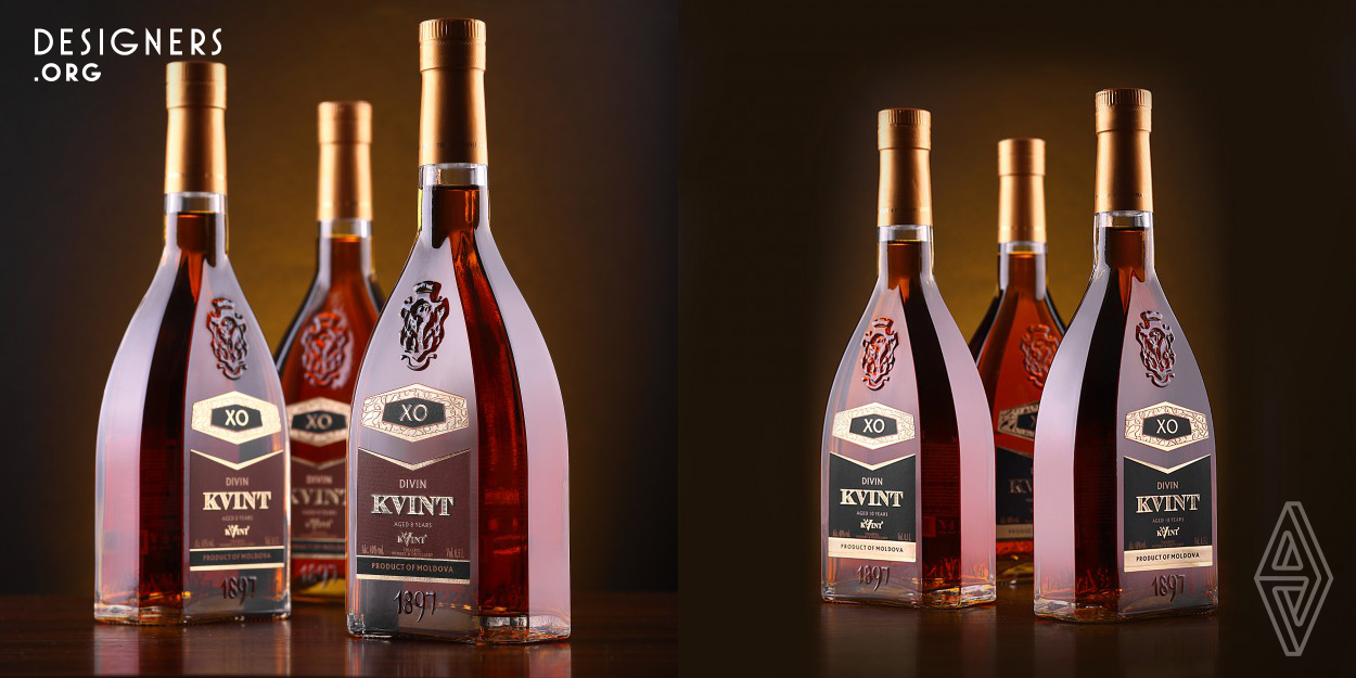 The “KVINT” factory is a very large wine and brandy making company with over a hundred years of history. The products are all made in large quantities. And there’s already a devoted group of buyers, who are following the brand for decades, spread all around the globe. Carrying out a successful redesign and development of a completely new product design that would correspond to the global trends – this is definitely a wide-scale and expensive project for the producer. The project required a unique, individual bottle shape that would make the product stand out on the shelf.