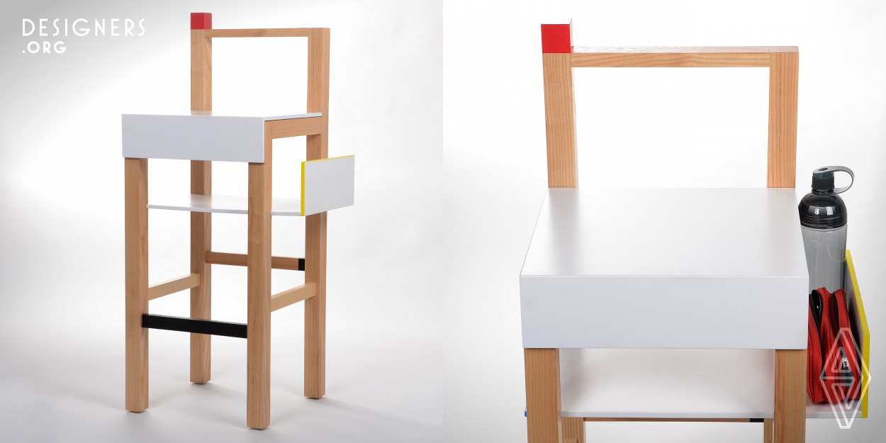 Meline is an innovative stool with storage. Its minimal design features a shelf and a peg for hanging a jacket and a bag. The shelf is ideal for storing students’ tools and belongings and extends outward to keep some items within easy reach. It is lightweight with a hardwood frame and laminate seating/shelf. The design is influenced by the DeStijl style. Meline is a reliable stool, a stool you can call "a friend".