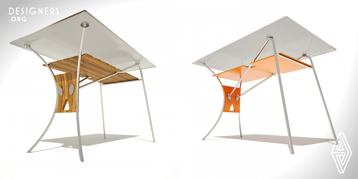 The idea of Maidan Table is to unite the industriality of production and possibility of color combinations. The centre of the table is curved element, which is bound to two legs right curved, and two legs connected angularly. The connecting element of the table can be manufactured of plywood, plastic, metal. The tabletop can be manufactured of glass, plywood and plastic. The whole table can be divided and dismantled with the help of simple furniture connectors. It provides transportation and instalation the table. The colour decision can be variable. 