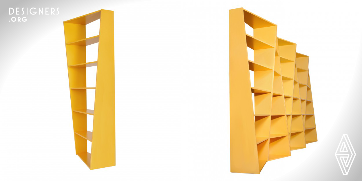 Sober and classic in conception, these shelves impress with a strong personality. This comes from the inverted placing of the triangulated uprights, resulting in a twisting movement which plays on the different depths of the unit over its height. The dynamic effect produced gives an almost human attitude to the furniture: depending on where one views it from, it seems to be looking over its shoulder and / or listening at doors. The " bibili " shelves are produced in modules of different widths. It is therefore possible to create feature walls with a lively graphic effect.