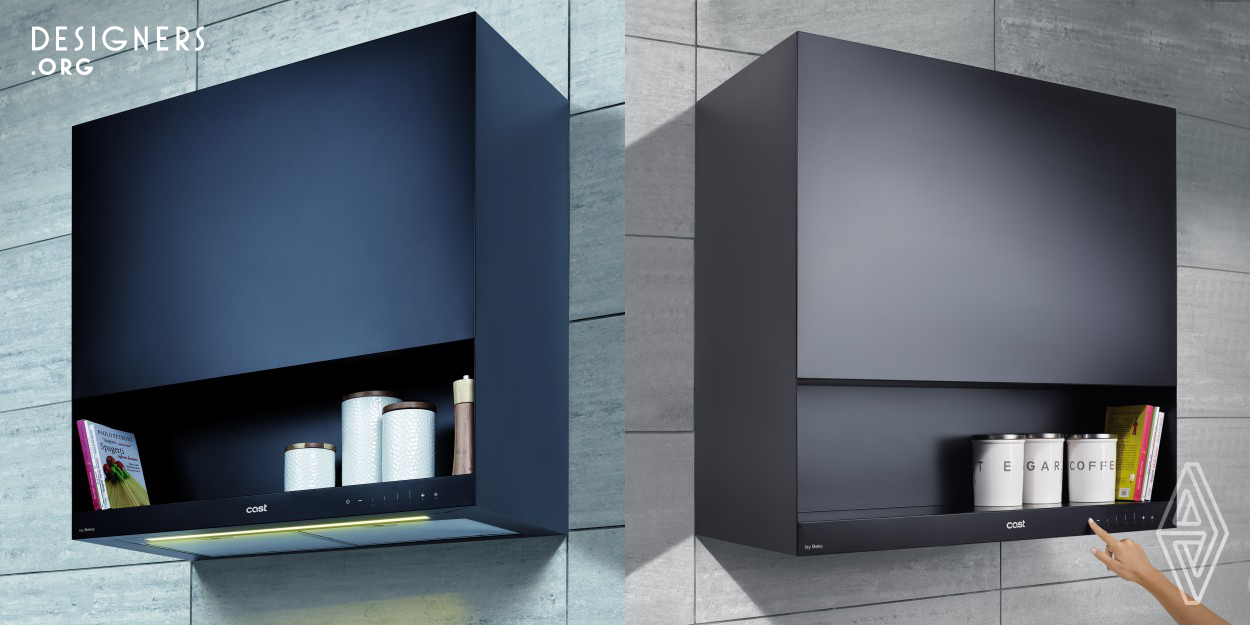 The hood was developed to perfectly integrate within the exiting architectural structure of the kitchen, but also to be coherent with the full range of appliances. The minimal gesture of the hood aims to update and extend its standard use, allowing the user to perform other functions at the same time. The hood was designed as parallelepiped in which a section was subtracted in order to be used as a shelf for storing various objects and tools. It is an optimization both in terms of functionality and technology.