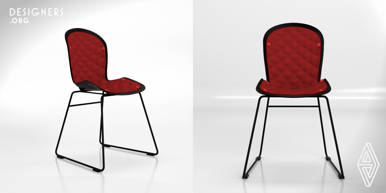 Dressup is more than a regular chair. It’s very functional but also modern with its different colored covers. It’s simply stable with an endless metal pipe. It’s possible to choose one of the three combinations that are already fixed for linings, buttons, plastic seat and lacquered structure. It is designed for intern use.