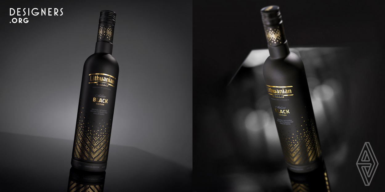 The gold-shining “Lithuanian vodka Gold. Black Edition” inherited its exclusive look from Lithuanian folk art. Rhombus and herringbones, combined from little squares, are very common patterns in Lithuanian folk art. Although reference to these national motifs gained more modern forms – mysterious past reflections were transformed into modern art. Predominant golden and black colours emphasize the exceptional vodka filtration process through coal and golden filters. This is what makes “Lithuanian vodka Gold. Black Edition” so delicate and crystal clear.