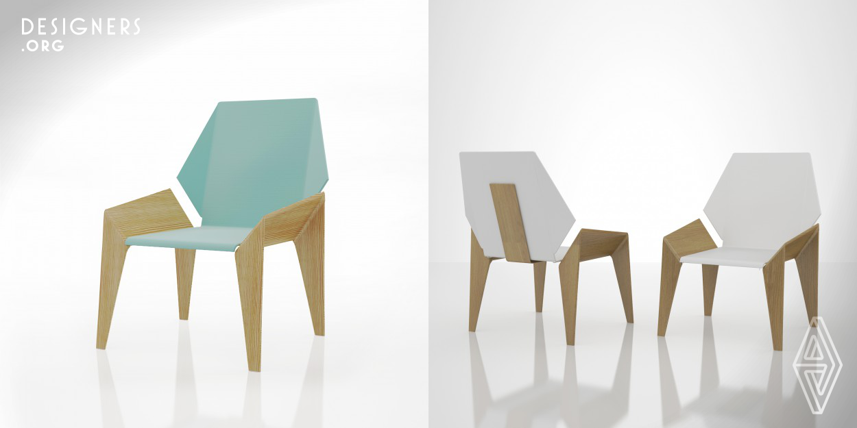 Using delicate materials with pastel colors, Origami chair offers comfort and aesthetic pleasure. Plywood structure combined with leather upholstery upon a metal structure, folds on geometry allows for a stacking chair. Complemented with a table, it’s a contemporary furniture set for bright interiors.