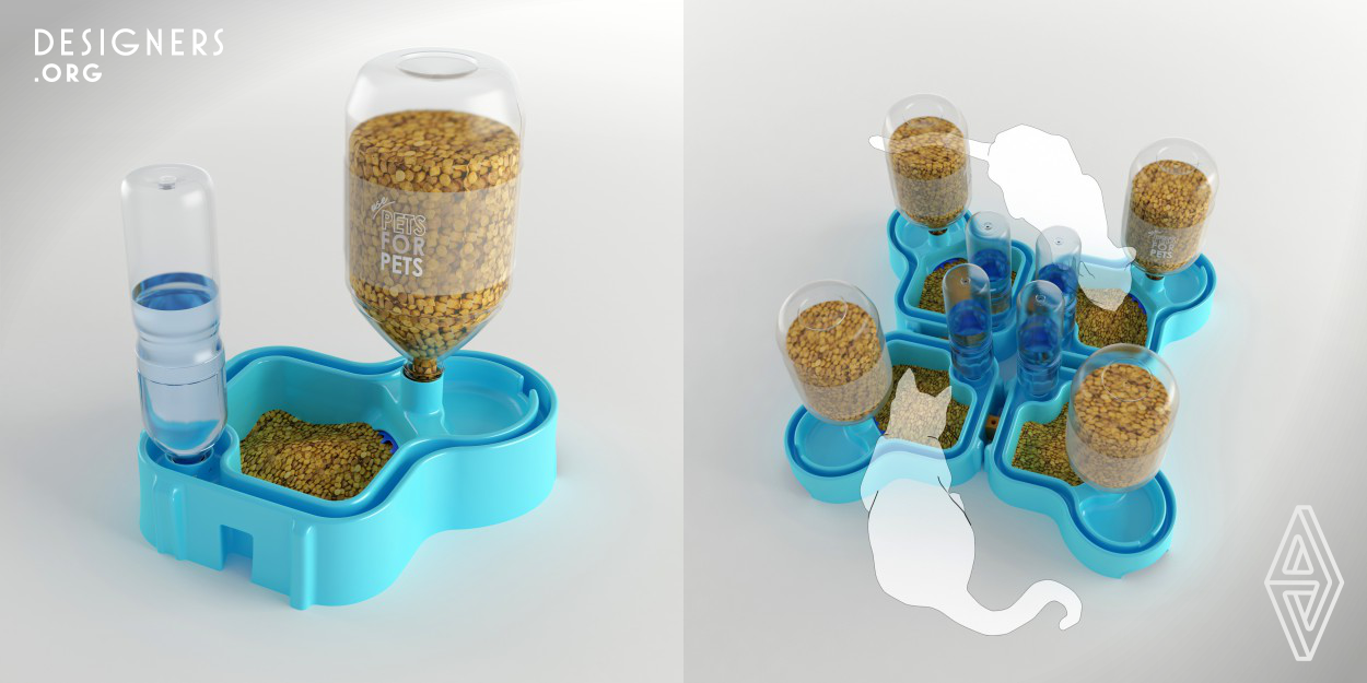 True to its name, Pets For Pets is a pet feeder specialized for cats, dogs and birds, composed of waste PET bottles integrated to the main plastic structure. Serving as a sustainable simple food reservoir and a water tank depending on simply Torricelli's law, waste bottles of 5 Lt and a 1,5 Lt are positioned upside down to complete the product.