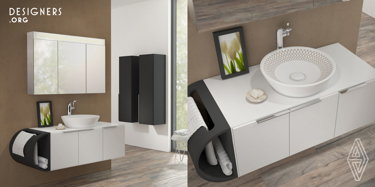 Soluzione bathroom furniture collection is designed based on the idea of creating innovative and chic solutions making the life easier, peaceful and building bathrooms with a sense of personality. The bathroom cabinets, available in three different sizes with drawers and cabinet door selections, are combined with vessel sinks in order to redefine bathroom aesthetic. The optional semi-circle towel hanger module is an innovative approach of towel storage and hanging.Soluzione collection available in white and anthracite color lacquer hopes to offer innovative bathroom solutions. 