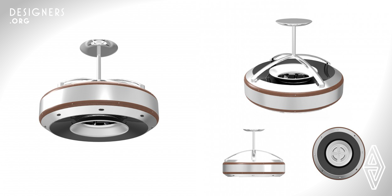 The Coanda, designed by Constantino Papatsoris and Santiago Castillo, is a smart, connected ceiling fan that communicates with smartphones via a dedicated app. Users can toggle the built-in LED light fixture, control location or time-based "on" and "off" settings, airflow intensity, automated temperature optimization based on seasonal changes, and communication with smart thermostats to reach optimal temperature and energy savings. The Coanda rethinks the traditional ceiling fan design, accounting for fluid dynamics and inspiration provided by computer fans and industrial air amplifiers.