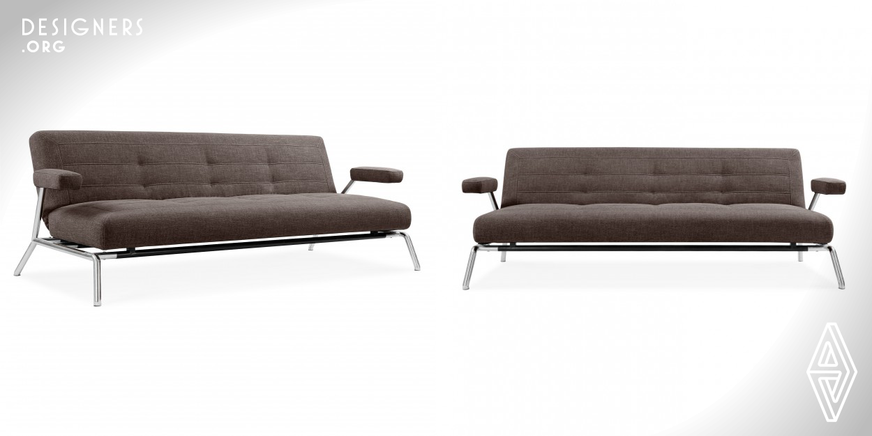 The Umea is a very sexy, visually lightweight and elegant sofa bed for up to three people seating and two people in sleeping position. Though the hardware is the classical click clack system, the real innovation of this comes from the sexy lines and contours that make this quite an appealing piece of furniture.